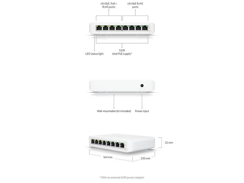 Ubiquiti UniFi Switch Lite 8 Port Gigabit Managed Switch, 4-Port PoE+ 52W