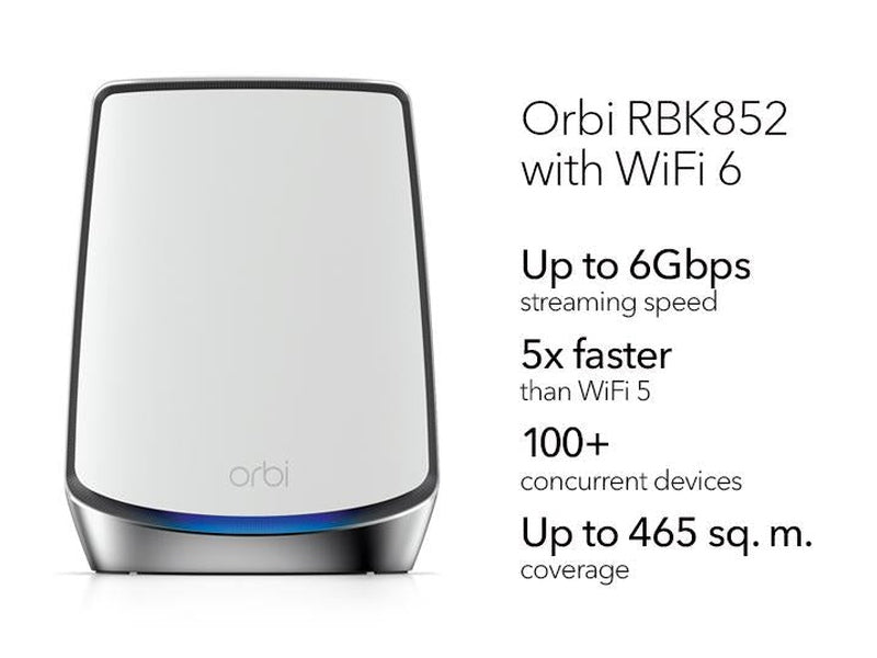 Netgear Orbi RBK852-100AUS AX6000 Tri-Band WiFi 6 Mesh Router + Satellite System