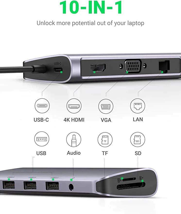 UGREEN 10-in-1 USB C Hub with 4K HDMI, VGA, 1Gbps Ethernet, 100W PD, 3 USB 3.0 Port, SD/TF Card Slot and 3.5mm Audio, USB C Multiport Adapter - ADYASTORE casablanca maroc