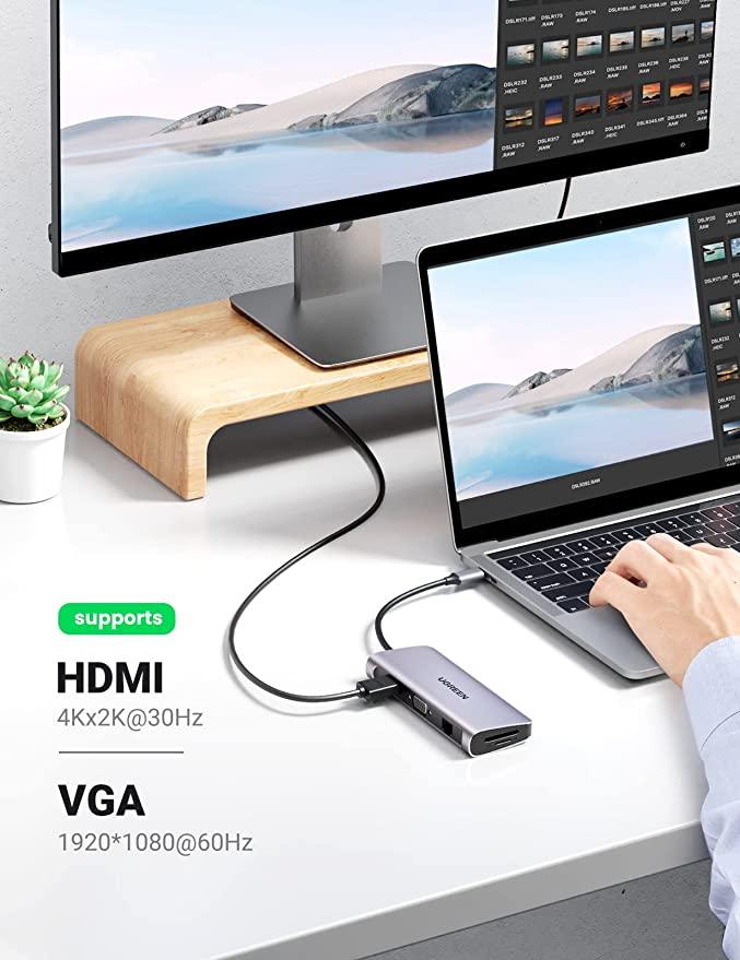 UGREEN 10-in-1 USB C Hub with 4K HDMI, VGA, 1Gbps Ethernet, 100W PD, 3 USB 3.0 Port, SD/TF Card Slot and 3.5mm Audio, USB C Multiport Adapter - ADYASTORE casablanca maroc