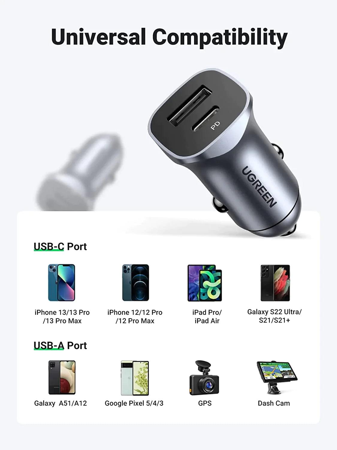 Ugreen 24W USB C Car Charger with PD & QC 3.0 Dual Ports - ADYASTORE casablanca maroc