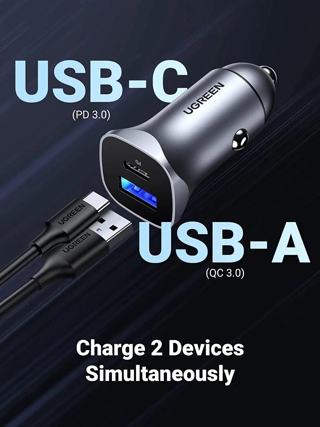 Ugreen 24W USB C Car Charger with PD & QC 3.0 Dual Ports - ADYASTORE casablanca maroc