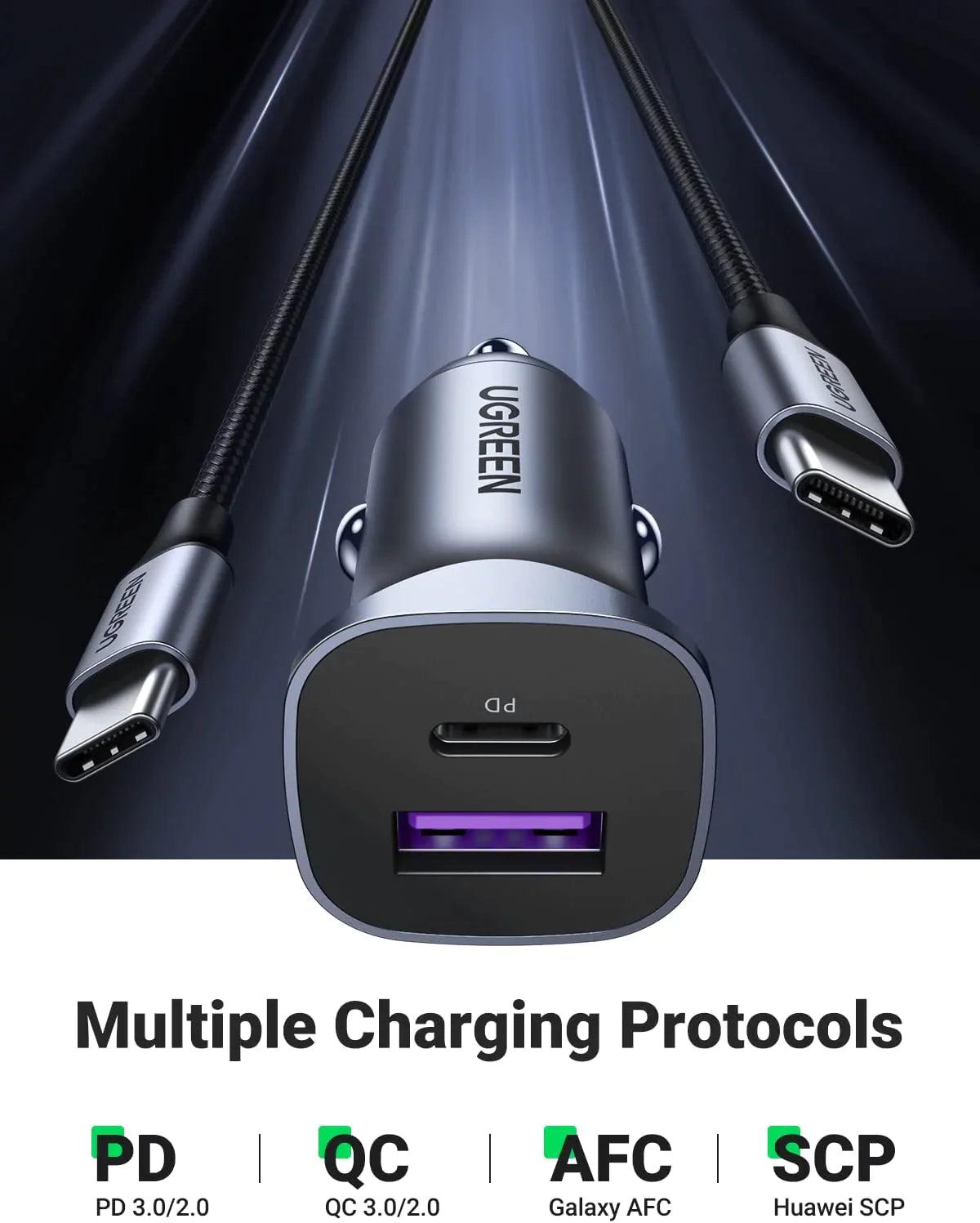 Ugreen 30W Car Charger with 60W USB C Cable PD&QC3.0 Fast Charge - ADYASTORE casablanca maroc