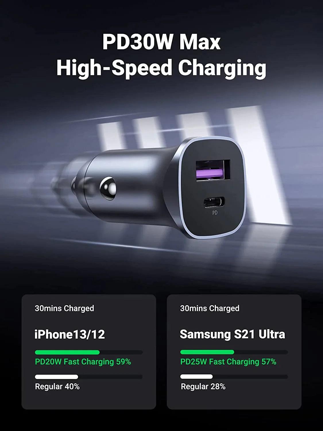 Ugreen 30W Car Charger with 60W USB C Cable PD&QC3.0 Fast Charge - ADYASTORE casablanca maroc