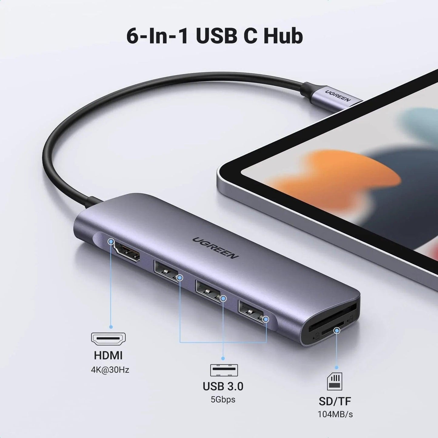 Ugreen 6 in 1 USB C Hub - ADYASTORE casablanca maroc