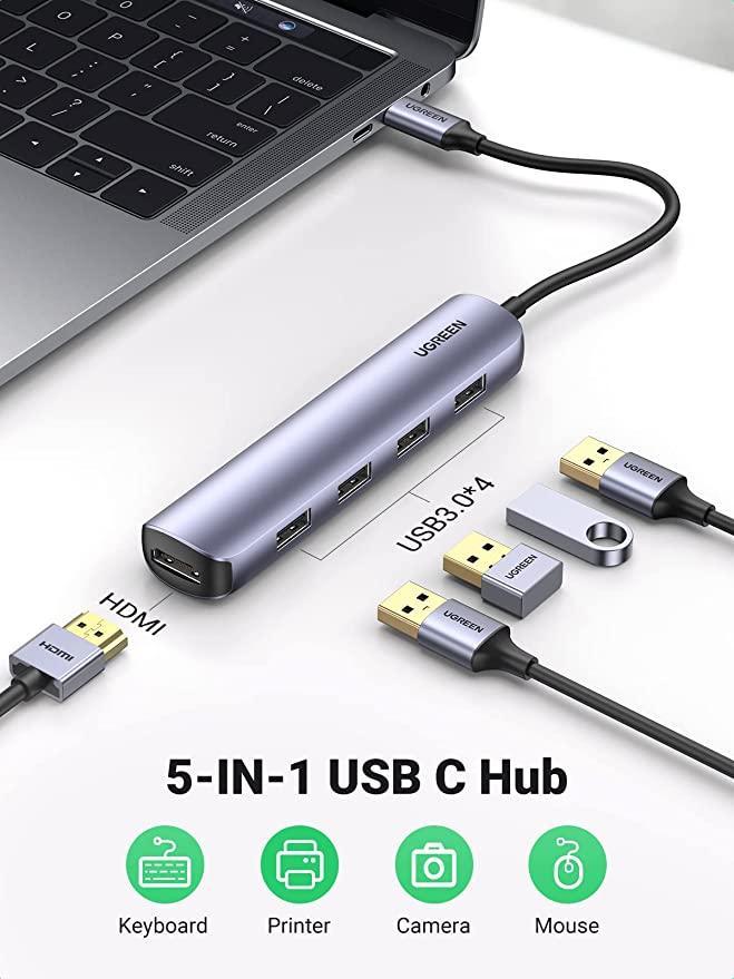 UGREEN USB C 5 in 1 Multiport Hub HDMI Ultra Slim with 4 USB 3.0 Ports for Data Transfer - ADYASTORE casablanca maroc